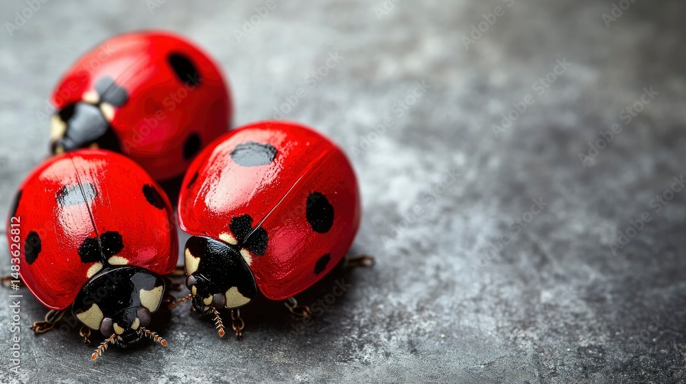 Fototapeta premium Three Ladybugs on a Grey Surface
