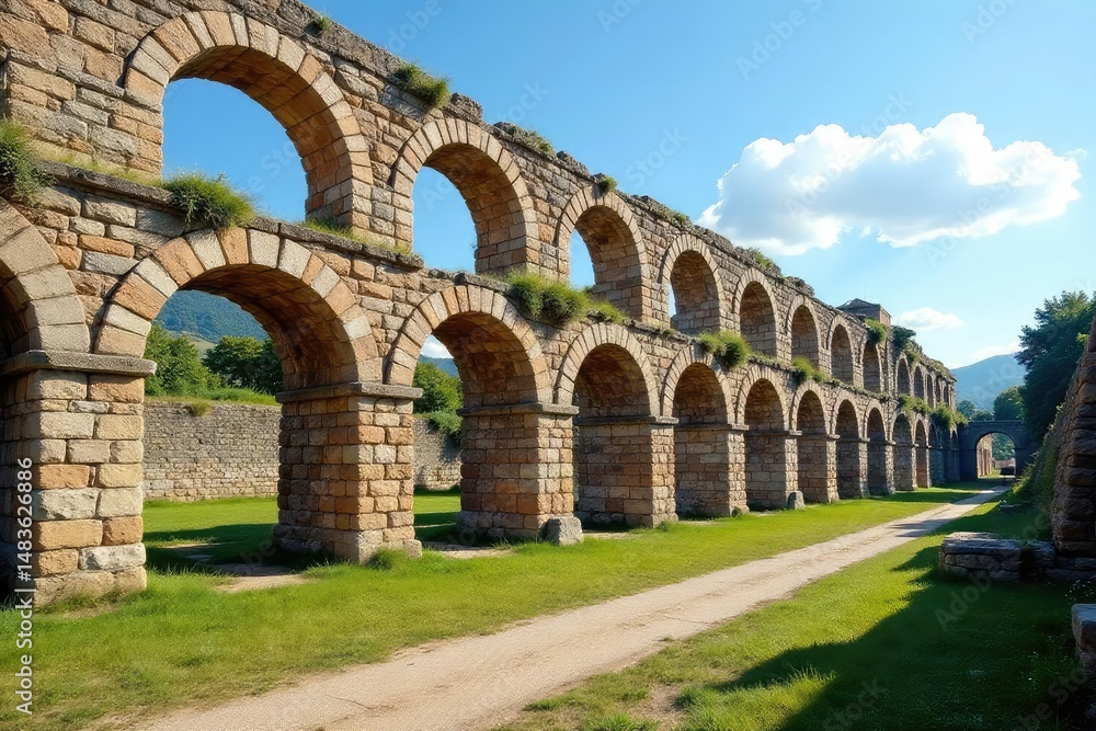 Fototapeta premium Ancient Roman aqueduct ruins, weathered stone, historical architecture, sunny day , design, engineering