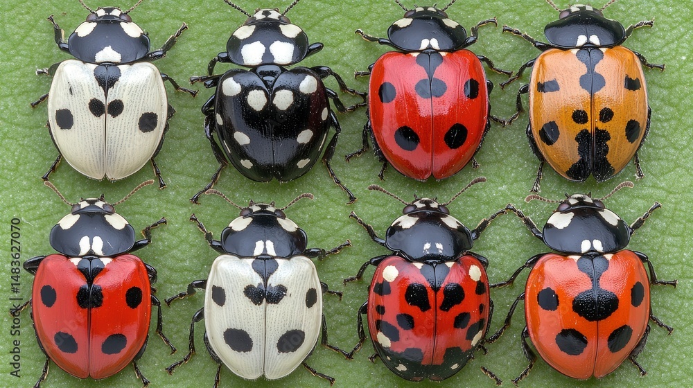 Obraz premium Eight Ladybugs of Varying Color and Pattern on Green Leaf Background