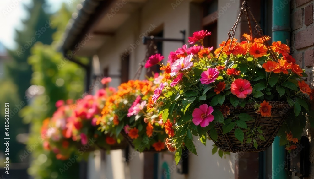 Fototapeta premium Vibrant overflowing hanging baskets bursting with colorful flowers , plants, garden decor, petunias