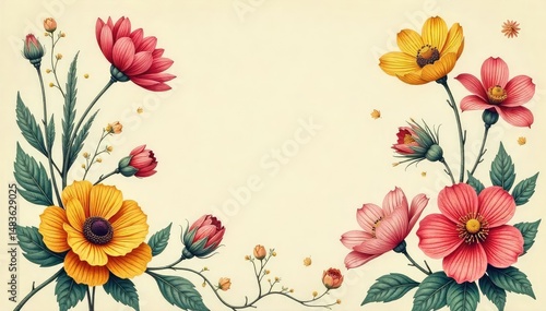 Vintage-style botanical illustration of blooming flowers, delicate linework, antique aesthetic , antique illustration, drawing