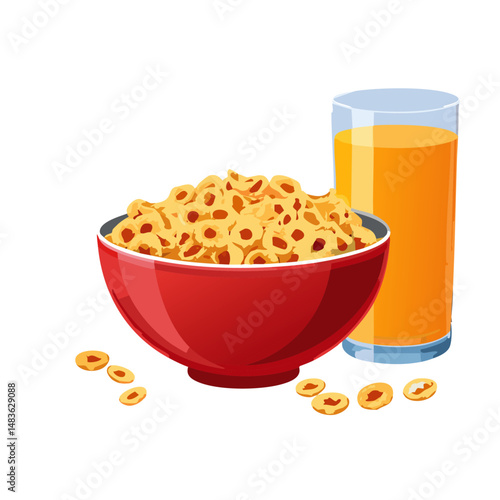 Bowl full of cereal and a glass with juice vector graphic design