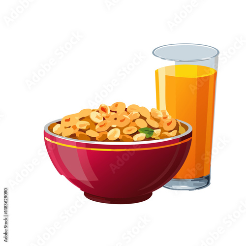 Bowl full of cereal and a glass with juice vector graphic design
