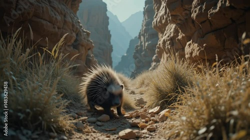 Porcupine Walking Through Desert Canyon 4K Video