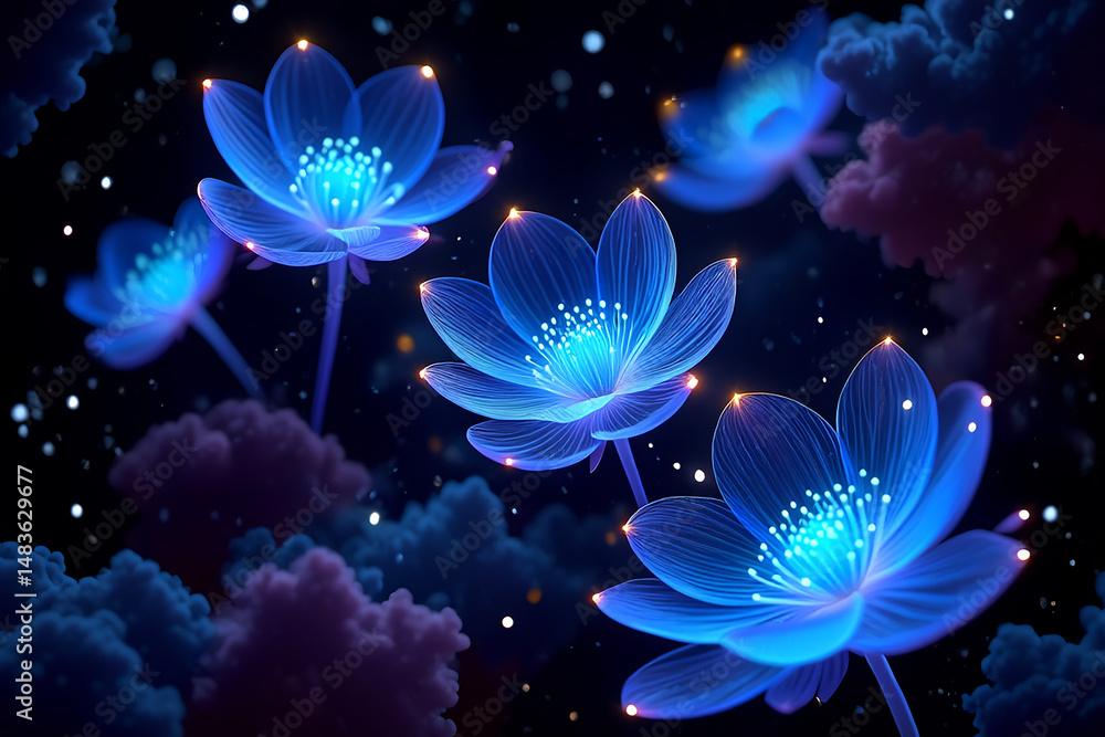 Naklejka premium Glowing blue flowers floating in a mysterious night sky amidst soft clouds