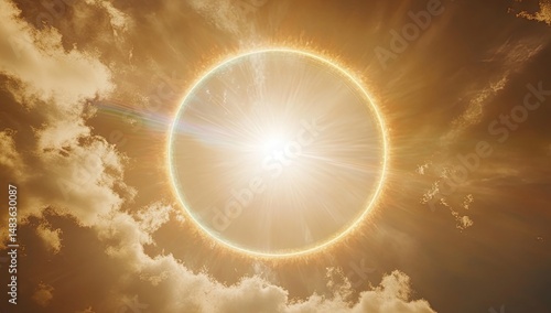 Radiant ringed sunburst through clouds