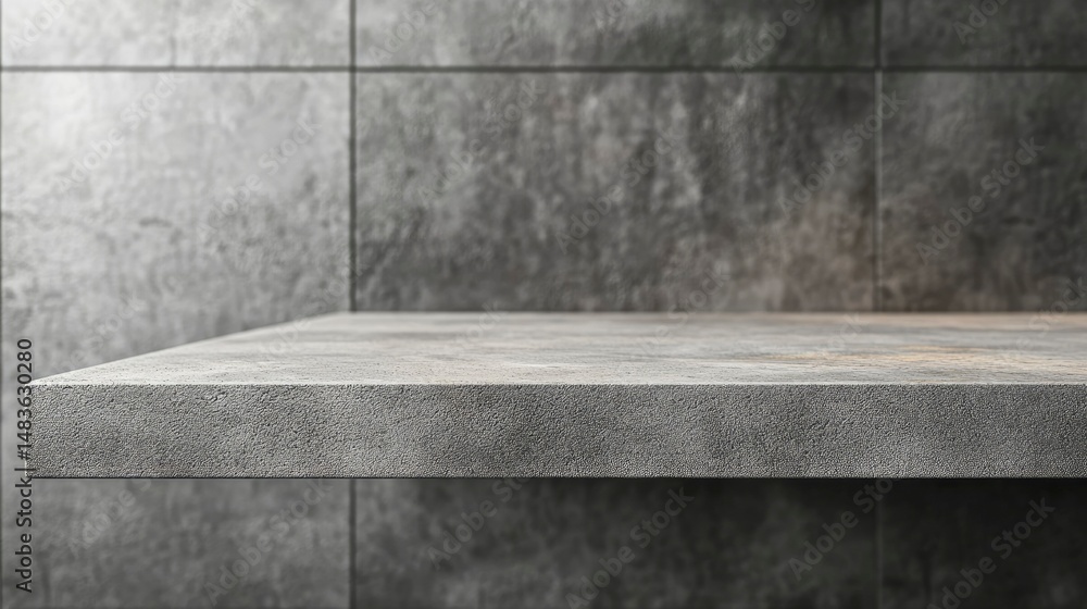 Concrete Shelf Against Grey Tile Wall - Modern Minimalist Background