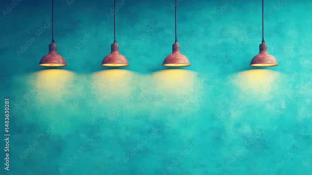 Four Rustic Pendant Lights Against a Teal Wall
