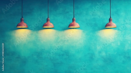 Obraz na płótnie Four Rustic Pendant Lights Against a Teal Wall w salonie