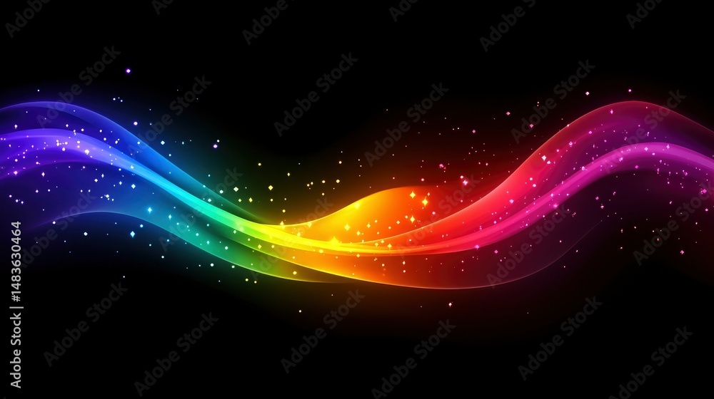 Abstract Rainbow Wave with Sparkling Lights on Black Background