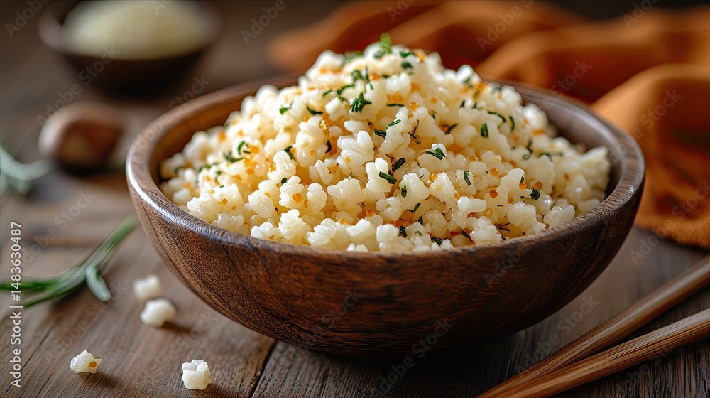 Wooden bowl of seasoned rice with herbs. Wooden bowl of seasoned rice with herbs.