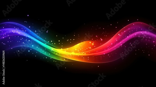 Obraz na płótnie Abstract Rainbow Wave with Sparkling Lights on Black Background w salonie