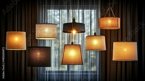 Obraz na płótnie Stylish Fabric Pendant Lamps Hanging in Modern Window Decor w salonie