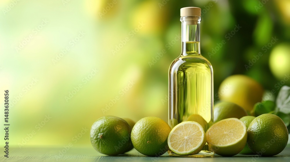 Fresh Lime Oil in Glass Bottle with Limes