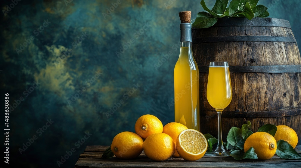 Limoncello Still Life Italian Lemon Liqueur with Fresh Lemons and Wooden Barrel