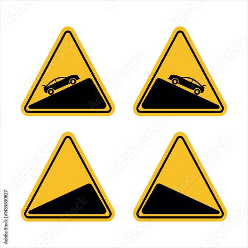 steep incline road warning sign, triangular caution marker with vehicle ascending slope