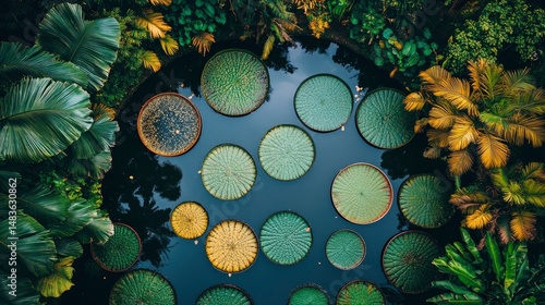 Aerial View of Giant Water Lilies in Tropical Pond