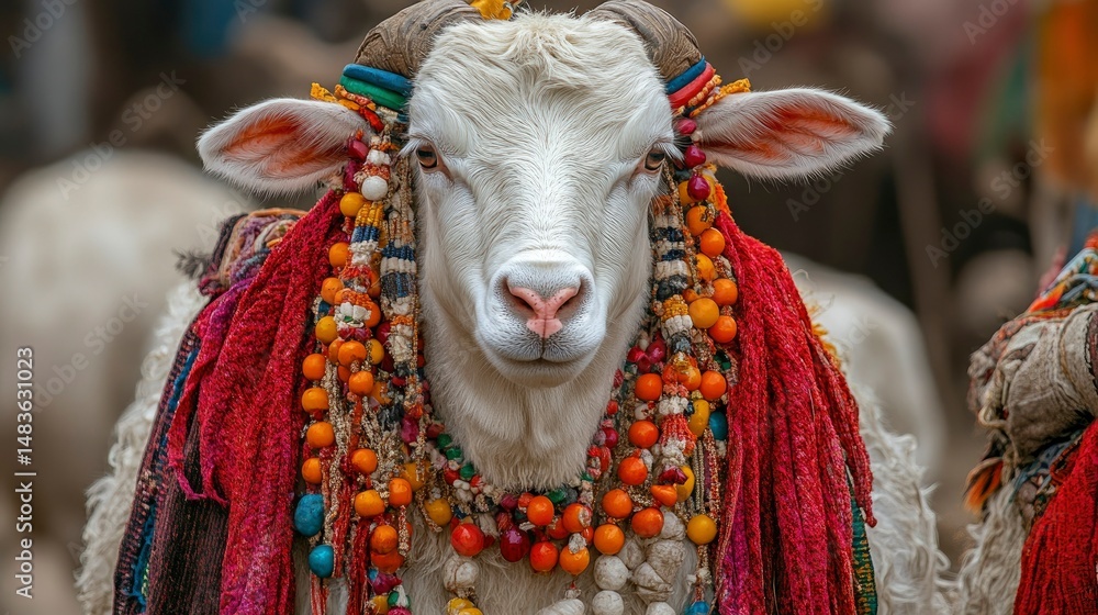 Adorned White Goat at Traditional Ceremony