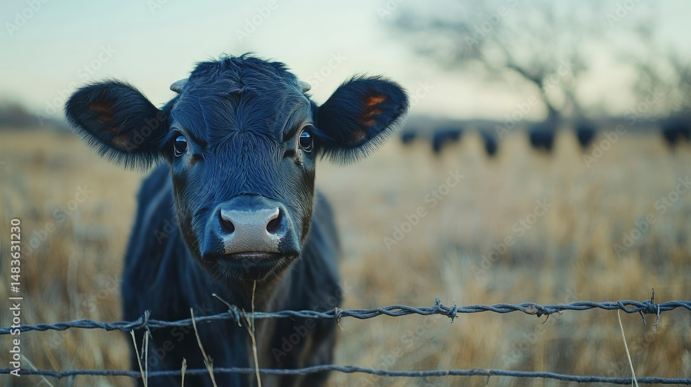 Curious Calf Behind Barbed Wire Fence in Rural Field