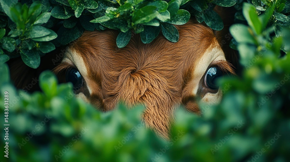 Curious Calf Hiding in Lush Green Bushes