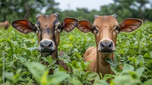 Two Curious Calves Peeking Through Lush Green Foliage