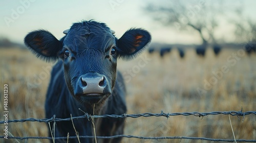 Obraz na płótnie Curious Calf Behind Barbed Wire Fence in Rural Field w salonie