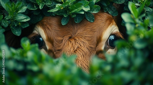 Curious Calf Hiding in Lush Green Bushes
