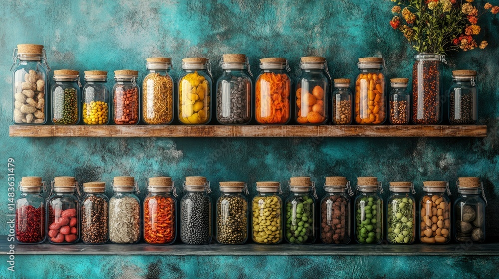 Colorful Jars of Dried Goods on Rustic Shelves Against Teal Wall
