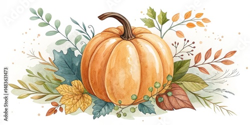 Watercolor Autumn Pumpkin w...