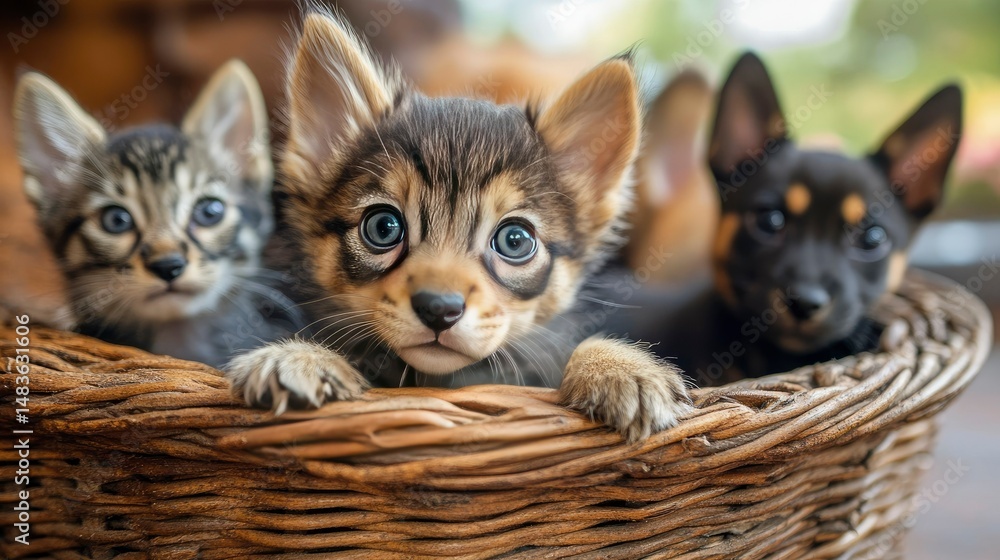 Adorable Kittens and Puppy in Wicker Basket