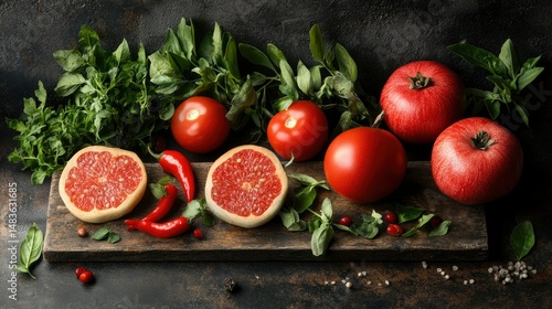 Obraz na płótnie Vibrant Red Fruits and Vegetables on Rustic Wooden Board w salonie