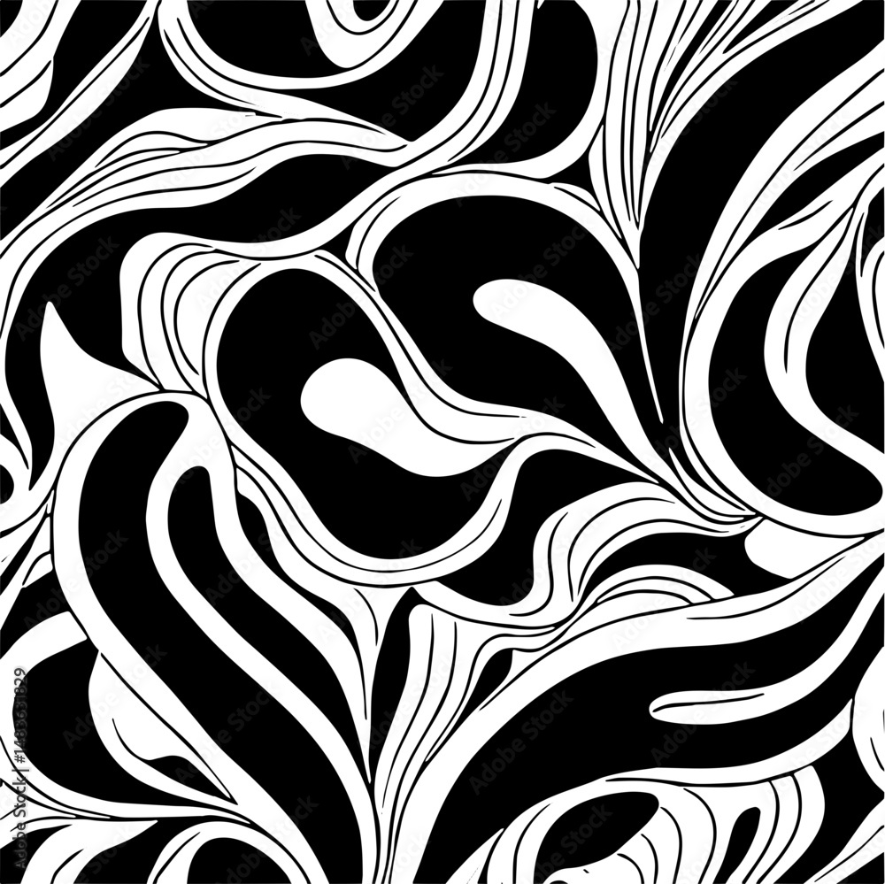 Fototapeta premium Minimalist organic pattern, flowing hand-drawn shapes with smooth curves and soft irregular edges, black and white seamless texture, perfect for modern branding, packaging, and background design