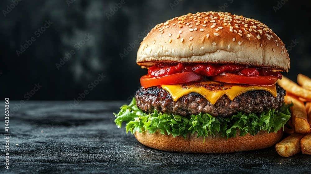 Juicy Cheeseburger with Sesame Seed Bun and French Fries on Dark Background