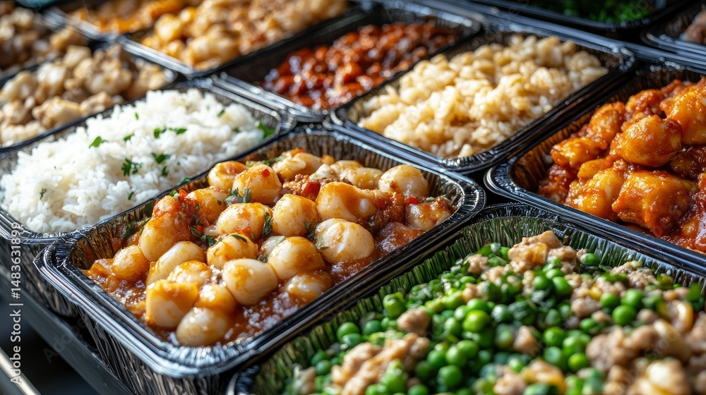 Assorted Delicious Asian Cuisine in Catering Trays