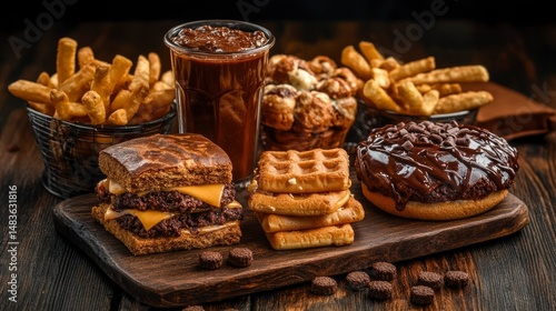 Obraz na płótnie Indulgent Chocolate and Burger Feast A Deliciously Decadent Spread w salonie