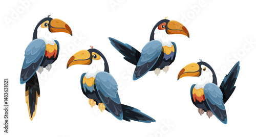 Vector set of colorful happy toucans, clipart illustrations on a white background, simple cartoon kids' style, exotic birds