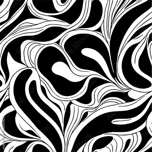 Minimalist organic pattern, flowing hand-drawn shapes with smooth curves and soft irregular edges, black and white seamless texture, perfect for modern branding, packaging, and background design