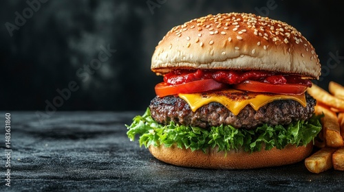 Obraz na płótnie Juicy Cheeseburger with Sesame Seed Bun and French Fries on Dark Background w salonie