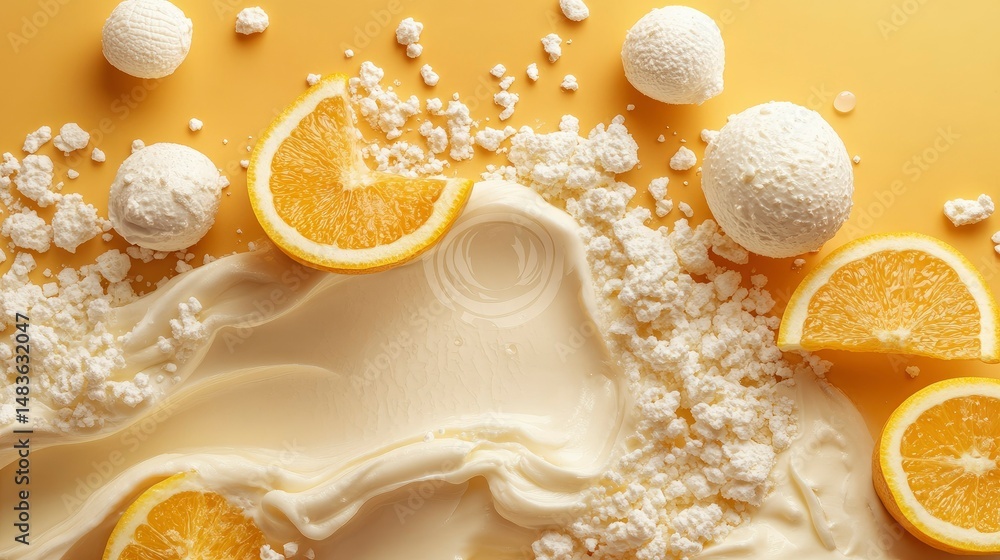 Creamy Delight Whipped Cream, Meringue, and Orange Slices on Yellow Background