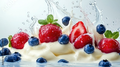 Obraz na płótnie Fresh Strawberries and Blueberries in Creamy Yogurt with Milk Splash w salonie