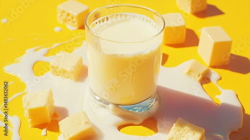 Obraz na płótnie Spilled Milk and White Chocolate Cubes on Yellow Background w salonie