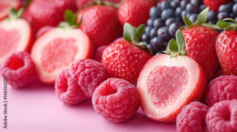 Vibrant Red Berry Mix Strawberries, Raspberries, Figs, and Blueberries on Pink Background