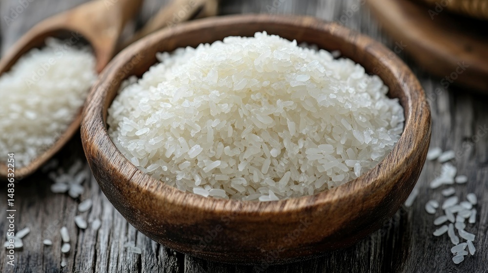 Wooden Bowl of Cooked White Rice