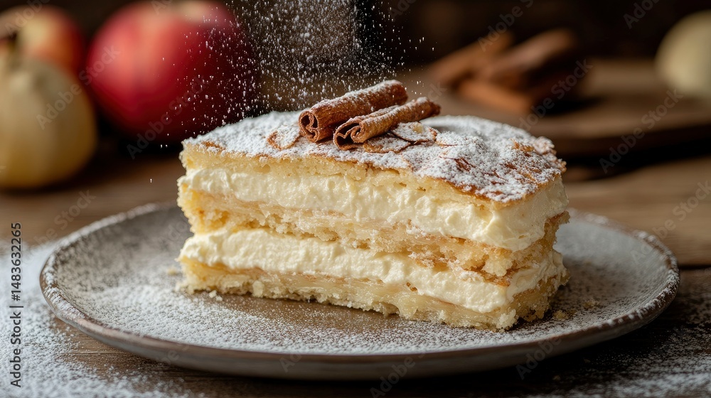 Delicious Slice of Layered Cream Cake with Cinnamon and Powdered Sugar