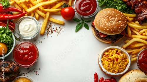 Obraz na płótnie Delicious Fast Food Feast Burger, Fries, and Sauces on White Background w salonie