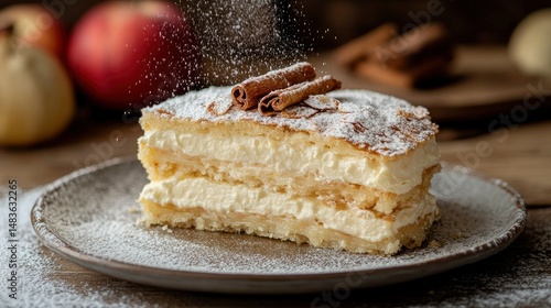 Obraz na płótnie Delicious Slice of Layered Cream Cake with Cinnamon and Powdered Sugar w salonie