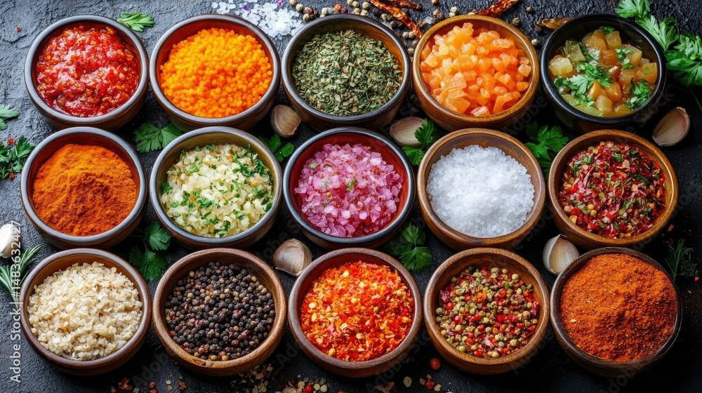 Assortment of Colorful Spices and Seasonings in Bowls on Dark Background