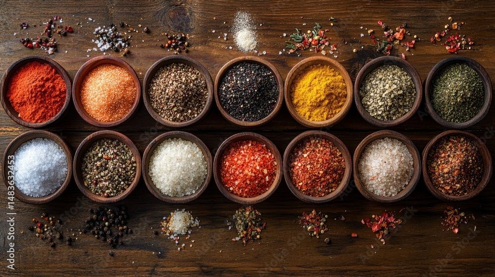 Aromatic Spices and Salts Collection in Wooden Bowls on Rustic Background