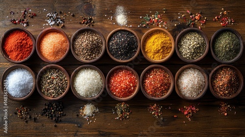 Obraz na płótnie Aromatic Spices and Salts Collection in Wooden Bowls on Rustic Background w salonie