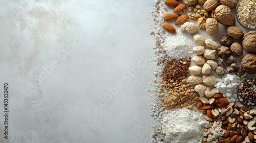 Obraz na płótnie Assortment of Nuts, Seeds, and Flours on a Textured Background w salonie